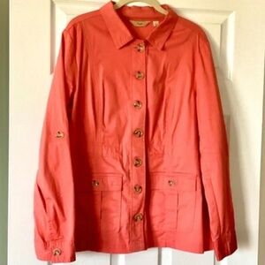 Motto Button Front Safari Jacket w/ Drawstring Waist. Size: Large, Color: Coral